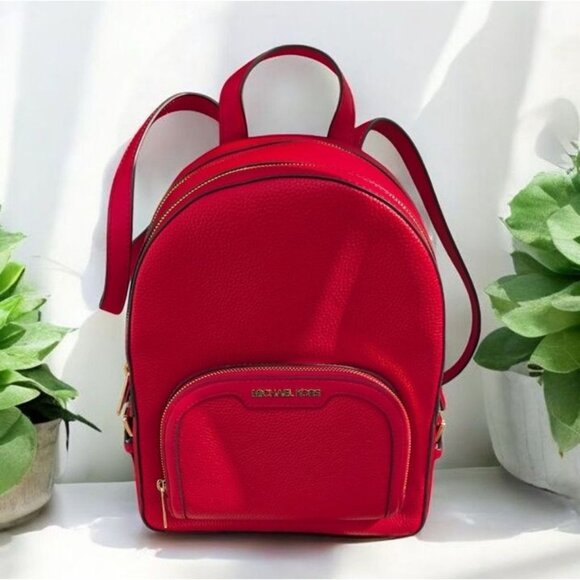 Michael Kors Jaycee Medium Zip Pocket Backpack Leather Bright Red (NWT) - Picture 1 of 9